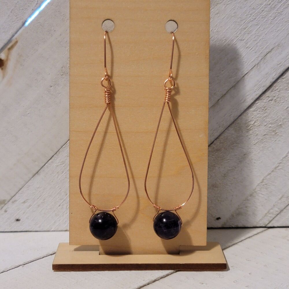 Handmade Teardrop Amethyst Dangle Earrings Copper Wire Wrapped Gemstone